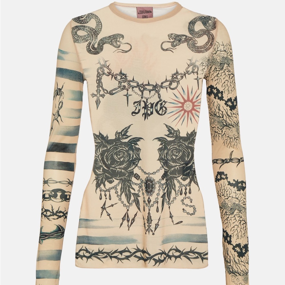 JEAN PAUL GAULTIER Beige KNWLS Edition Printed Mesh Long Sleeve Top
